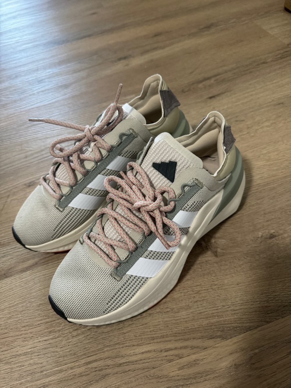 adidas Beige & White Athletic Sneakers with Pink Laces